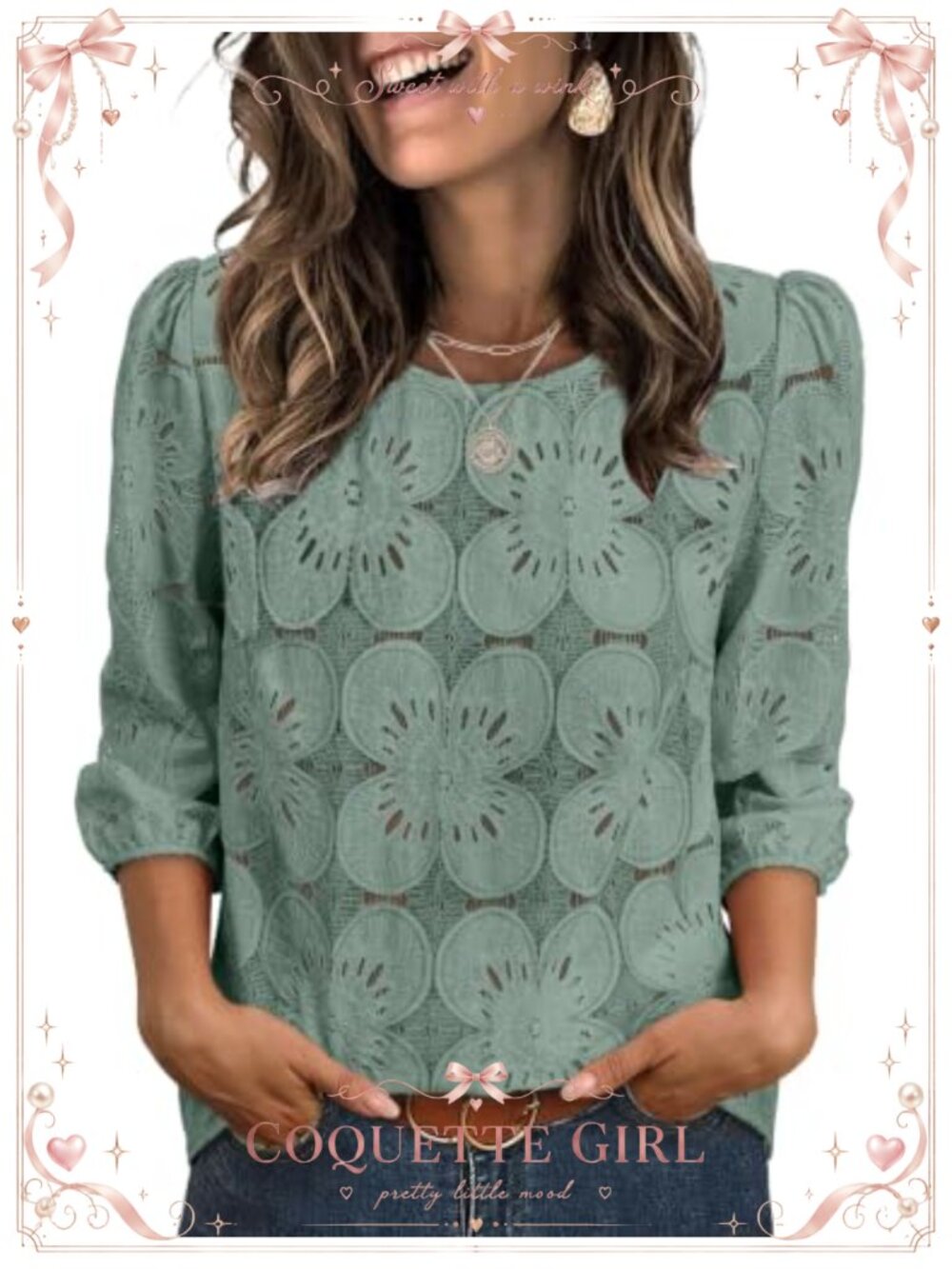 Women's Eyelet Lace Blouse 3/4 Puff Sleeve Dressy Casual Spring Summer Top